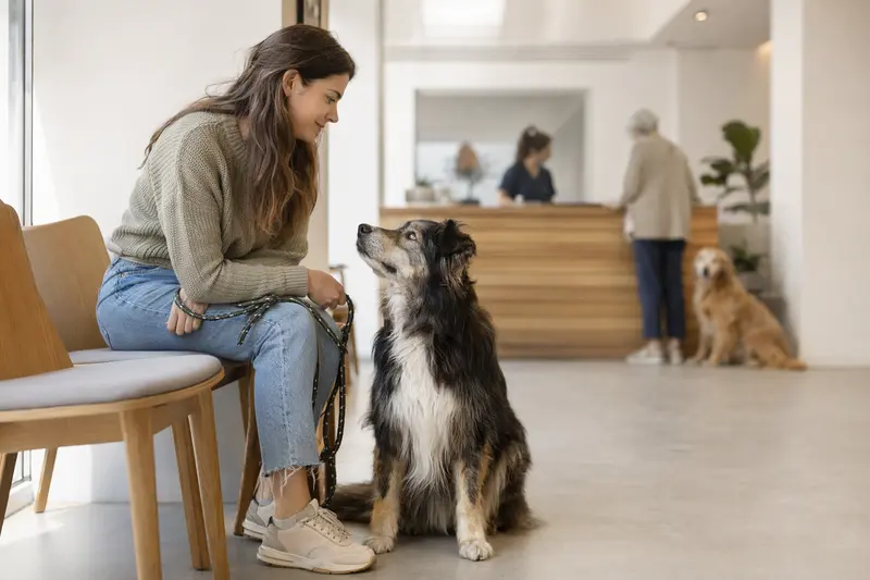 Ein Altdeutscher Hütehund sitzt ruhig neben seinem Besitzer in einem modernen Tierarztwartezimmer.
